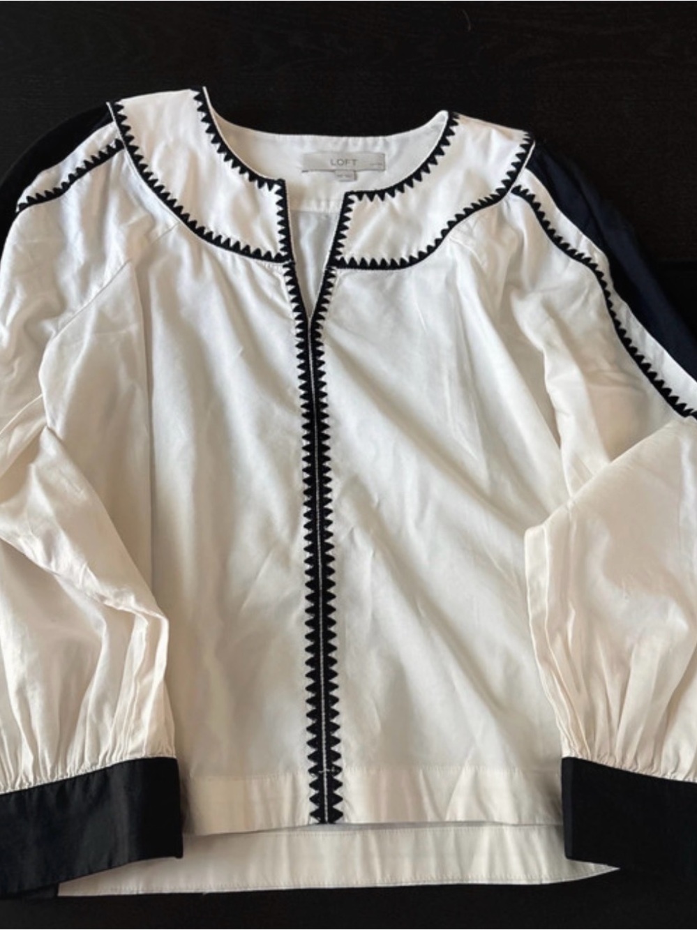 LOFT White with Black Trim Zigzag Embroidery